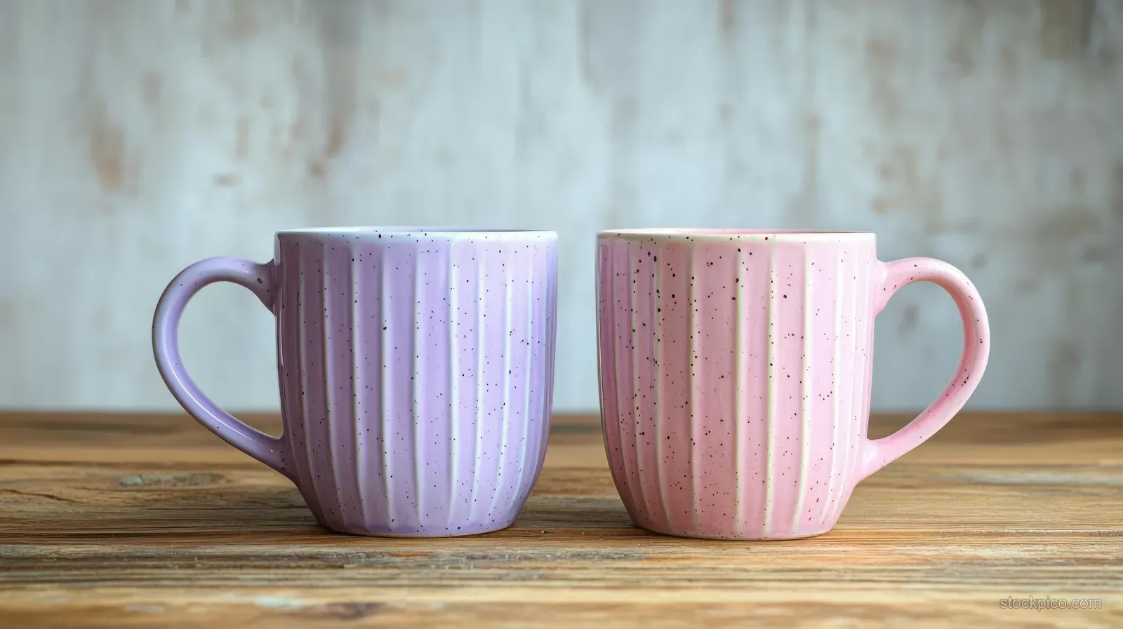 Two pastel purple and pink ceramic mugs with vertical ridges rest on a wooden table against a softly blurred background.