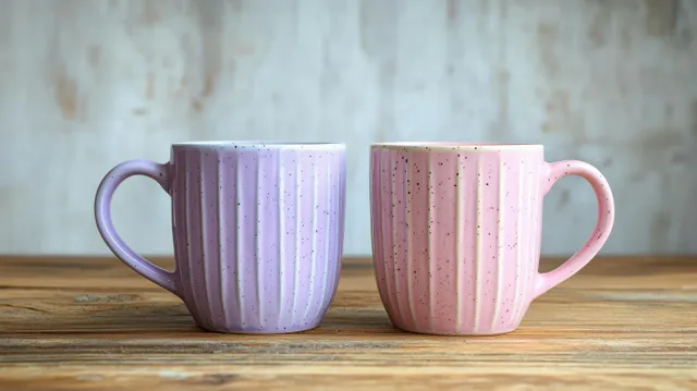 Two pastel purple and pink ceramic mugs with vertical ridges rest on a wooden table against a softly blurred background.