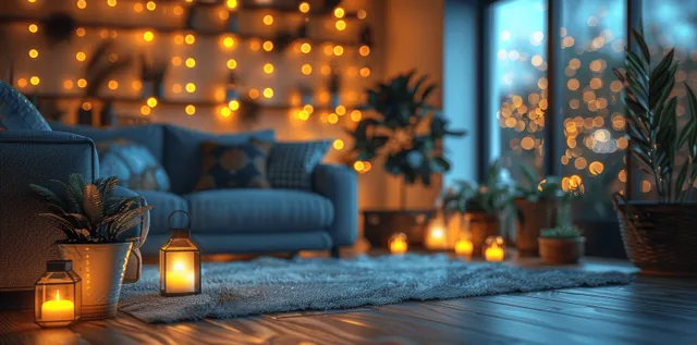 Wicker outdoor seating on a night terrace lit by string lights and glowing lanterns beside potted plants.