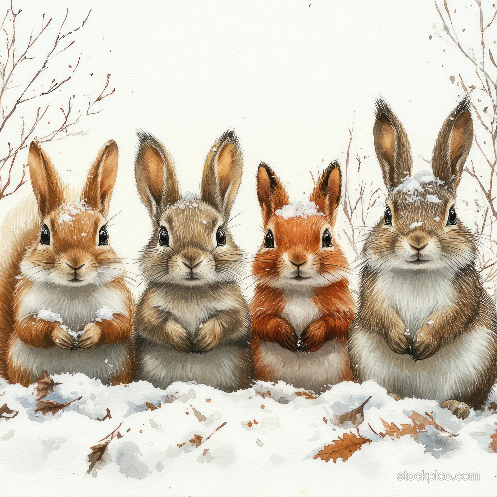 Watercolor illustration of winter forest animals including rabbits, fox, and squirrel sitting on snowy ground.