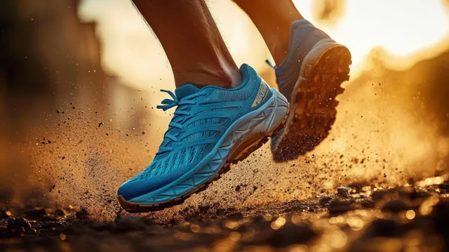 A runner’s blue shoe kicks up dust on a dirt trail during sunset.