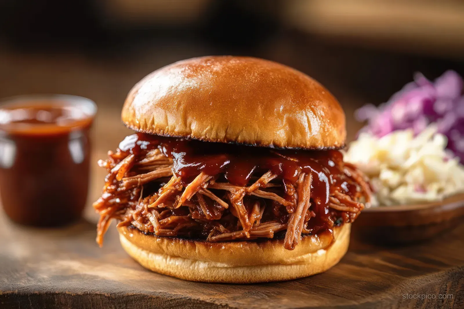 Pulled pork sandwich with glossy barbecue sauce on a toasted bun on a wooden table with blurred coleslaw behind.