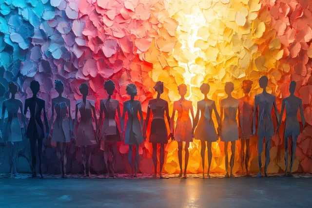 Colorful paper cutout silhouettes of diverse people stand in a line under a rainbow light.