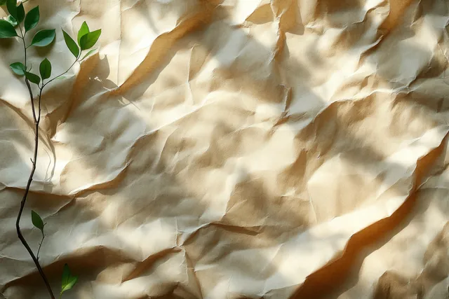 Crumpled brown paper sheet fills the frame with rough creases, folds, and faint stains.