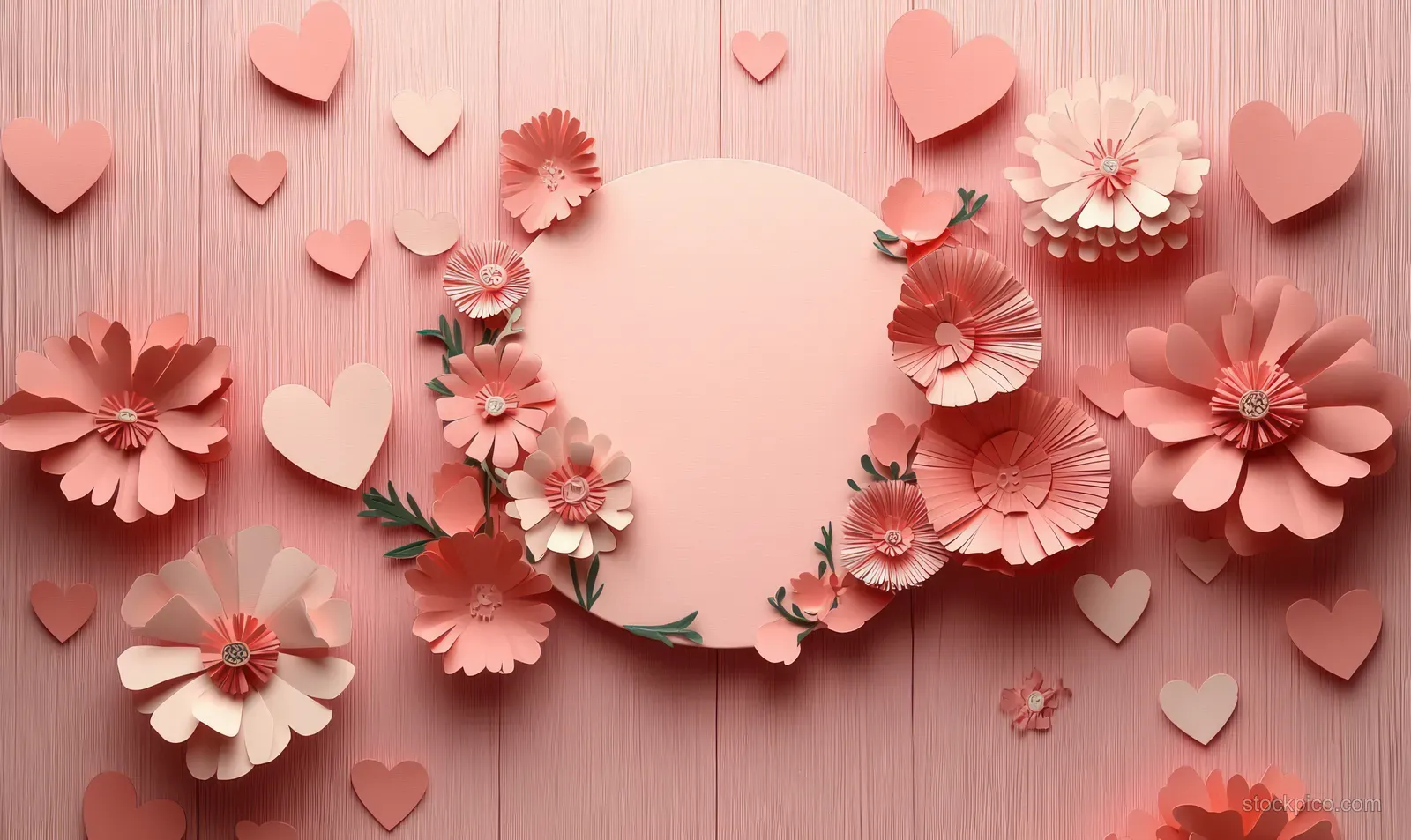 Paper cut flowers and hearts frame a pale circular greeting on pink wooden planks.