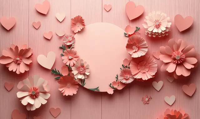 Paper cut flowers and hearts frame a pale circular greeting on pink wooden planks.
