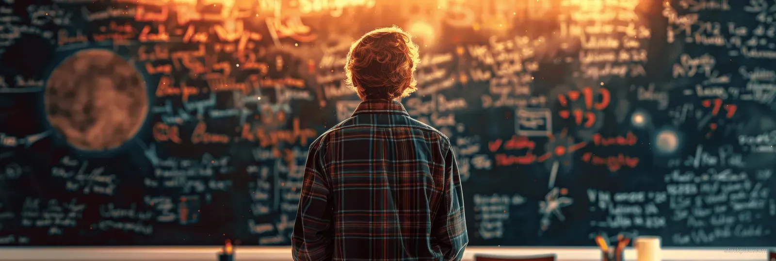 Student in a plaid shirt faces a chalkboard filled with complex algebra equations in a cinematic classroom.