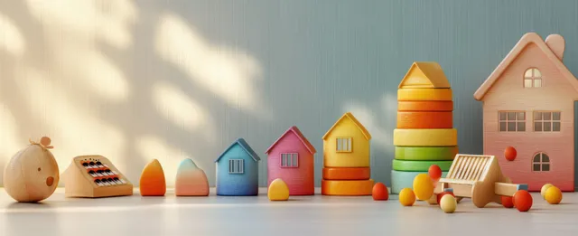 Colorful wooden stacking toy rings and miniature house toys arranged on a pastel shelf with soft shadows.