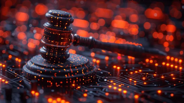Gavel silhouette on illuminated circuit board, symbolizing cyber law and digital justice