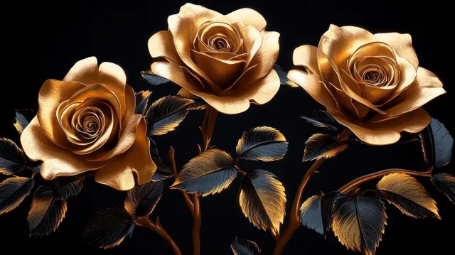 Metallic gold roses and dark leaves displayed on a deep black background with glowing highlights.