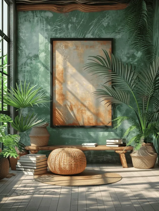 Black framed poster mockup hangs above books and plants while sunlight casts palm leaf shadows on tiled flooring.