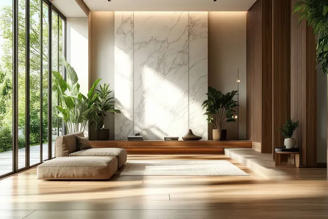 Minimalist modern hallway with a wooden bench, marble accent wall, potted plants, and daylight from large windows.