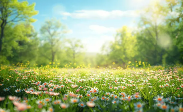 Wildflowers in a sunlit spring meadow with green trees and a clear blue sky in the background.
