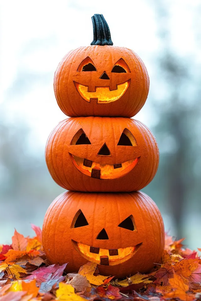 Three stacked jack o’ lantern pumpkins with carved grins and autumn leaves against a softly blurred background.