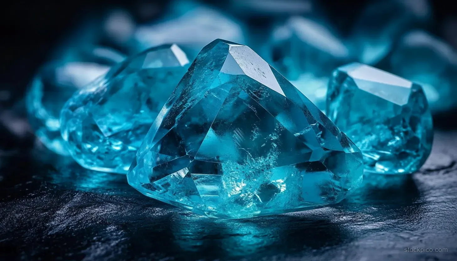 Bright blue rough gemstones lie on a dark textured surface, showing faceted highlights and natural inclusions.