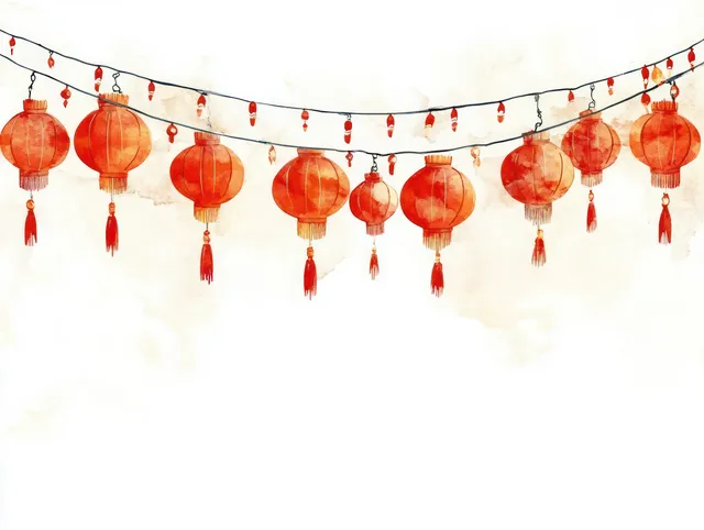 Red paper lanterns hang from strings across a glowing night background with soft, diffuse light.