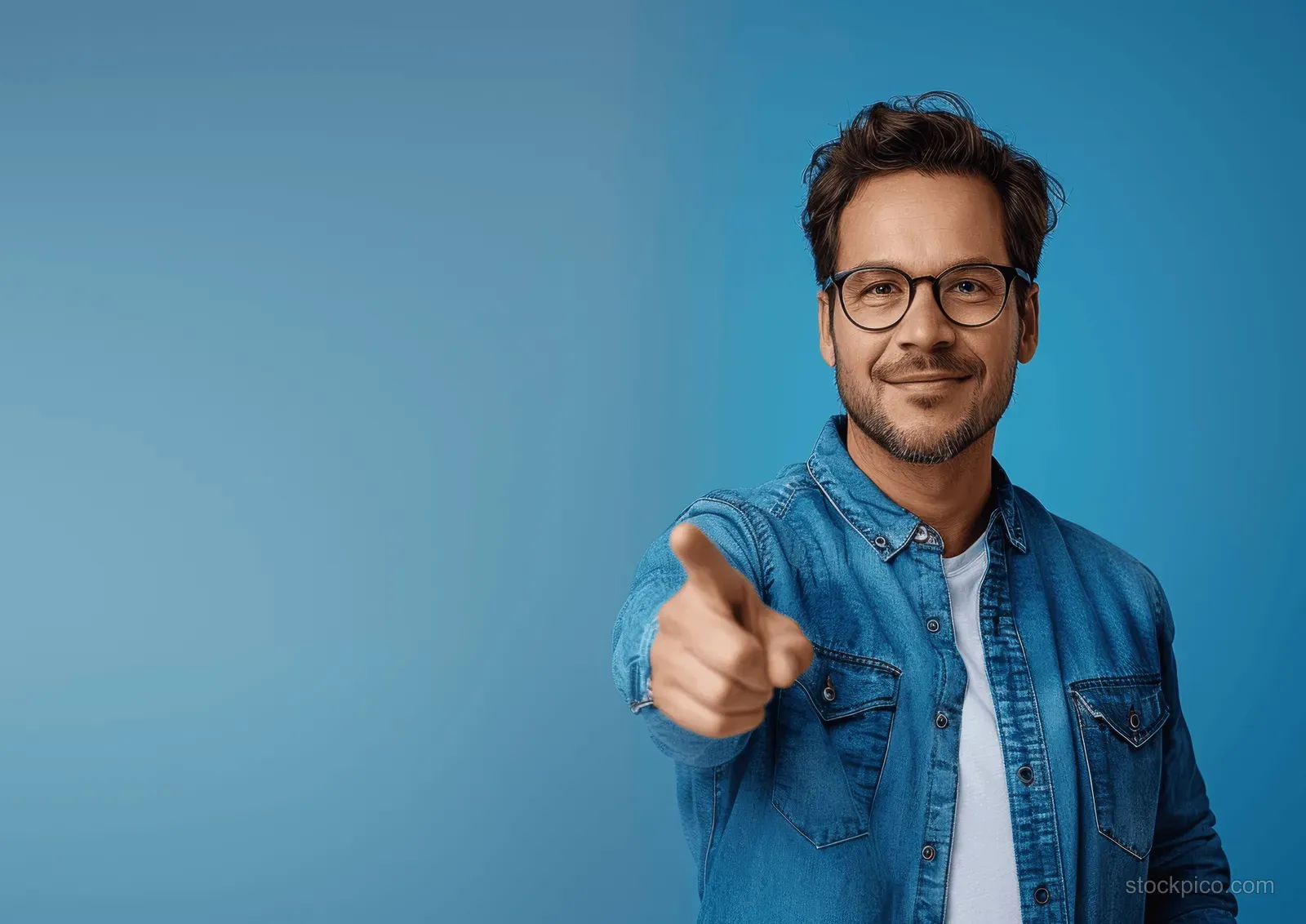 A smiling man in denim points toward empty copy space on a blue studio background.