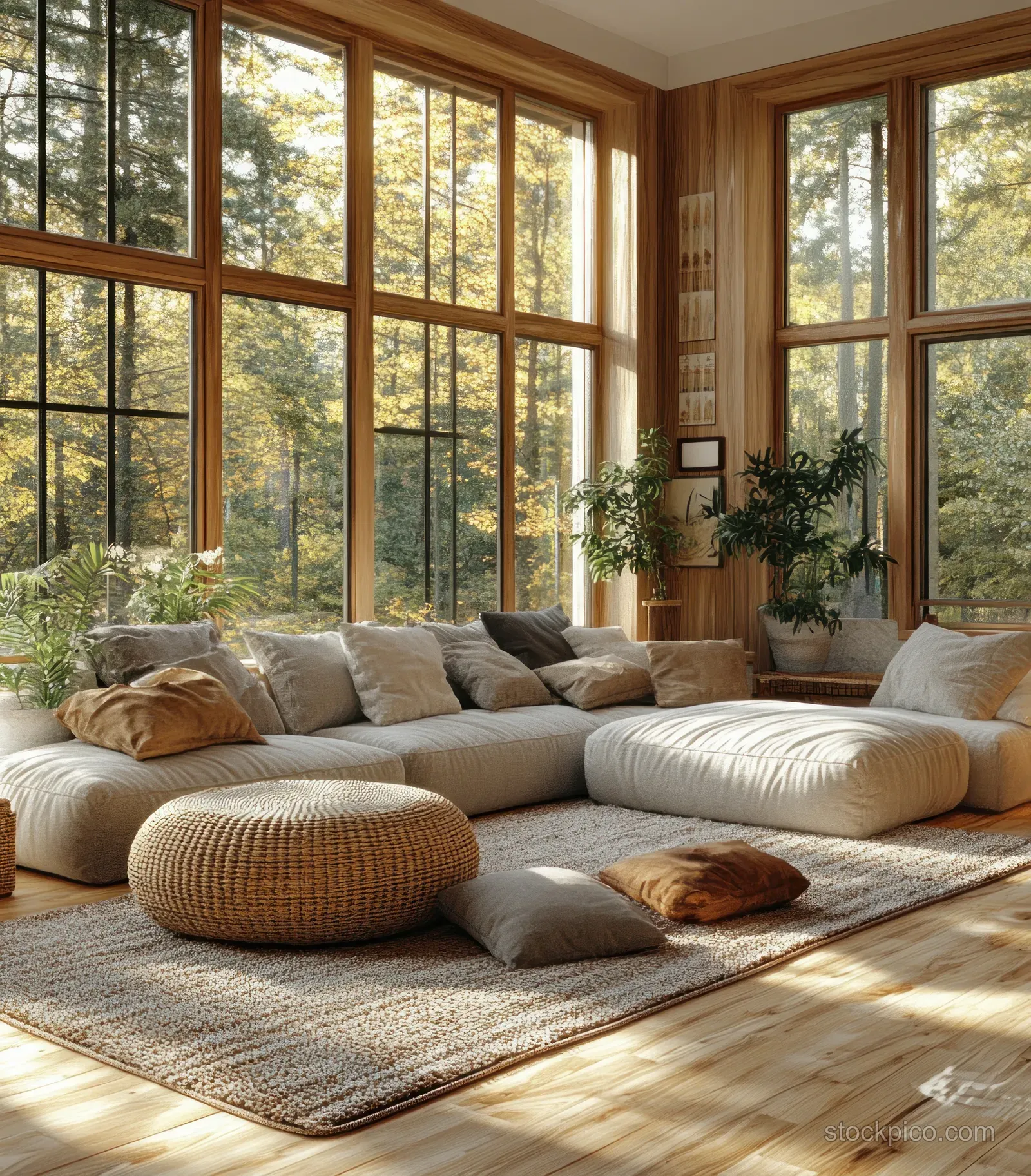Cozy Scandinavian living room with a plush sectional, woven ottoman, houseplants, and sunlight from large window panels.