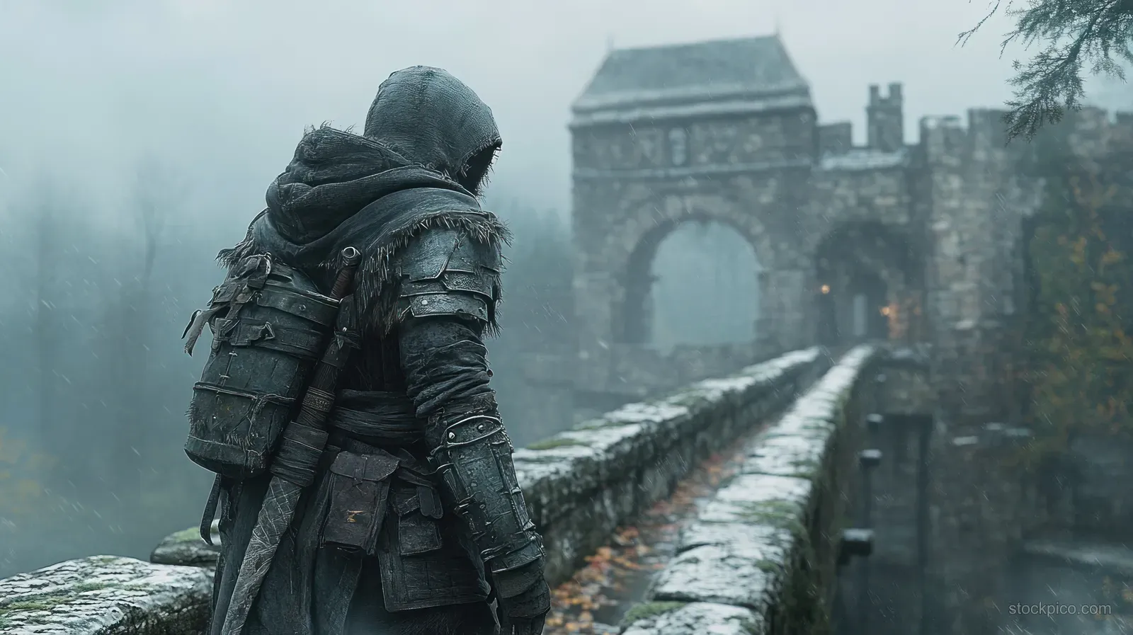 Goblin fighter in dark armor walks on a foggy stone bridge toward an arched gate with torchlit shadows.