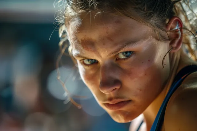 Russian female wrestler in pre-match focus stands on a wrestling mat with an intense determined expression.