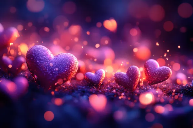 Shiny pink hearts float amid soft bokeh lights and sparkling dust in a dark glowing haze.