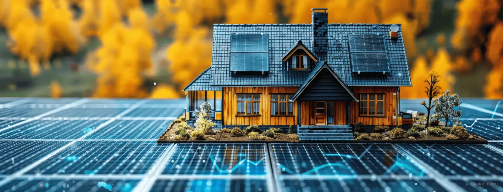 A smart house with solar panels has glowing data visualizations and charts overlaid above the roof.