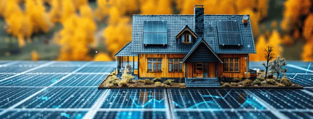 A smart house with solar panels has glowing data visualizations and charts overlaid above the roof.