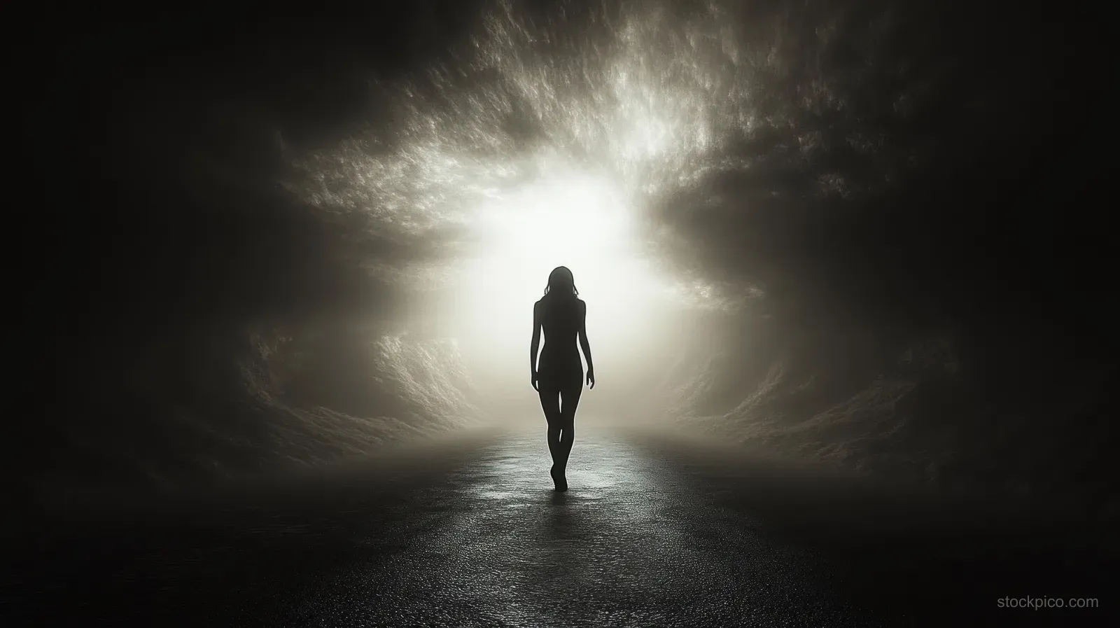 A solitary silhouette walks down a dark tunnel toward a bright glowing light through fog.