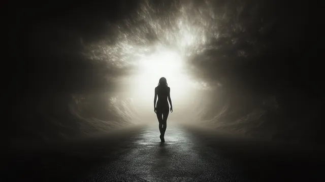 A solitary silhouette walks down a dark tunnel toward a bright glowing light through fog.