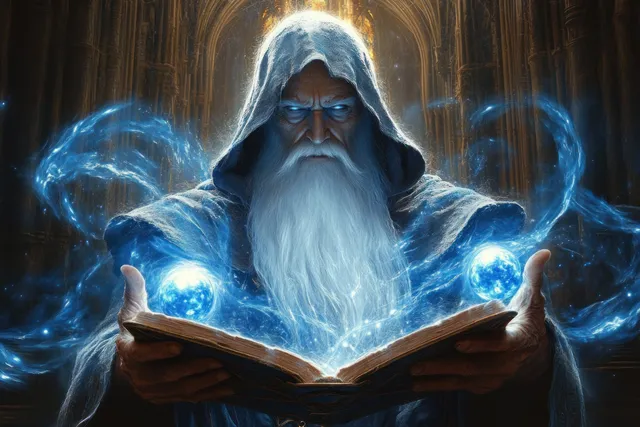 A hooded wizard opens an ancient book as blue magical energy swirls around his hands inside a cathedral.