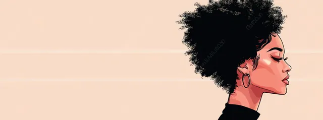 Afro-haired woman profile portrait on beige banner background