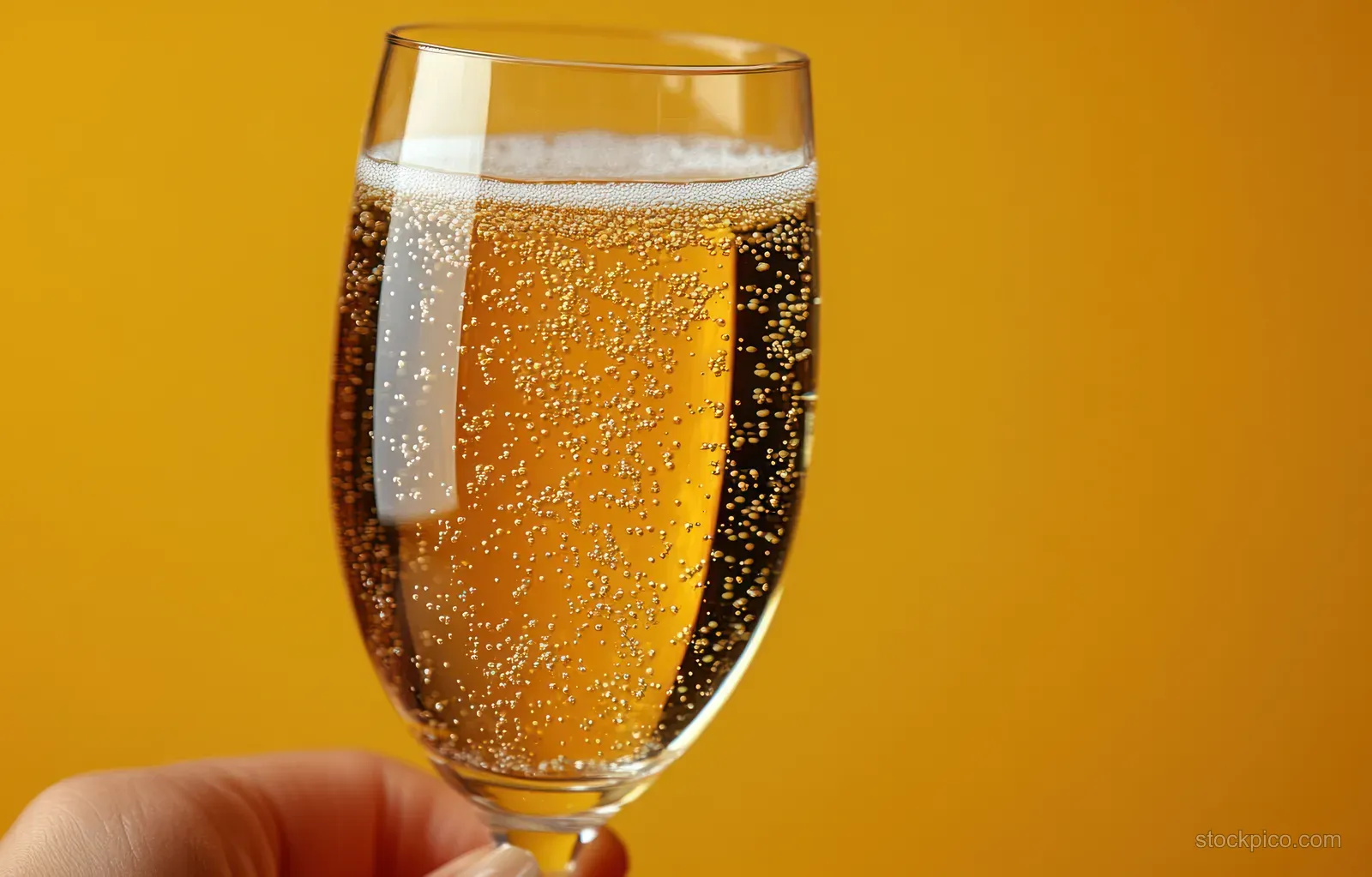 A hand holds a champagne flute filled with sparkling bubbles against a golden background.
