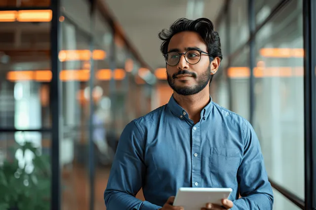 An Indian businessman with glasses holds a digital tablet while standing in a modern office corridor.