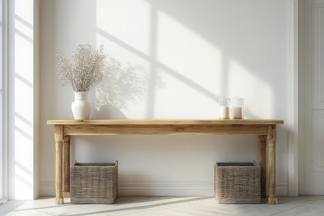 Wooden console table in a bright Scandinavian hallway with soft sunlight, woven baskets, and small vases.