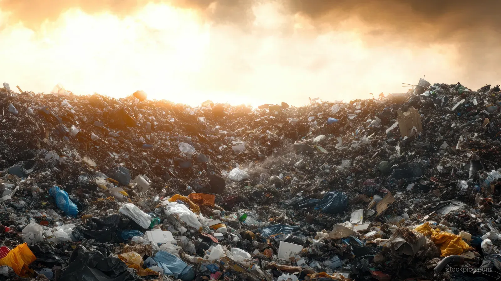 Mixed trash mounds in a landfill at sunset beneath orange clouds and drifting dust.