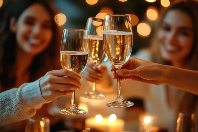 Three friends clink champagne flutes at a warmly lit table, with golden bokeh lights glowing behind them.
