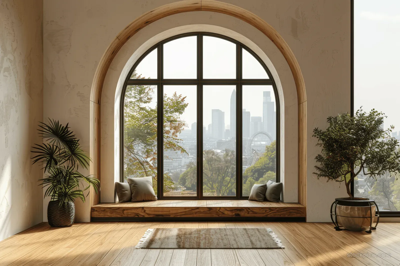 Cozy room nook with arched window showing city skyline, cushions on bench, and potted plants by large daylight.