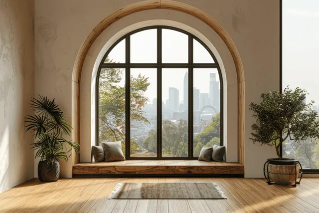 Cozy living room nook with arched window framing city skyline and warm daylight