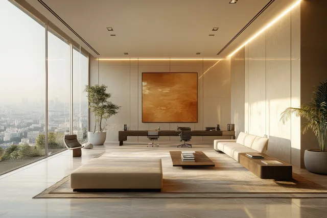 Minimalist office interior with large windows, warm lighting, and open lounge seating arrangement
