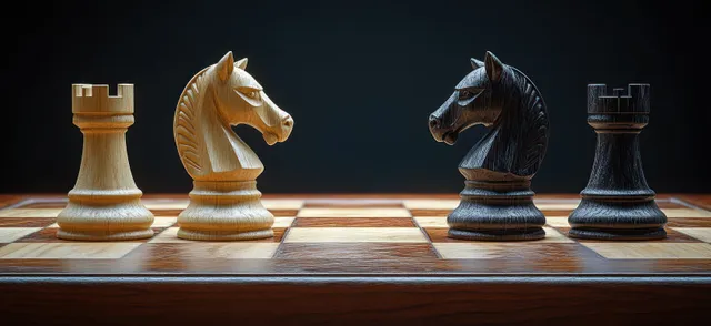 Chess Knights Facing Off on a Dramatic Wooden Board