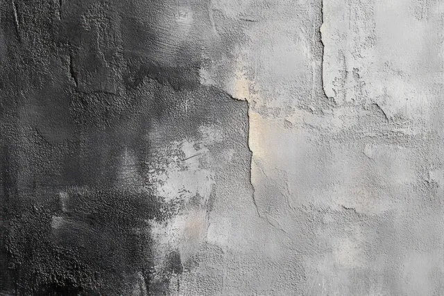 Cracked concrete wall with peeling black and gray paint and rough weathered texture.