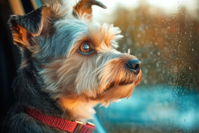 Small dog with red collar gazes through a rain-speckled window in warm light