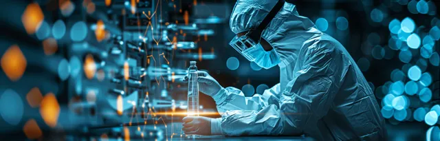 Scientist in protective suit examining glowing medical samples in laboratory