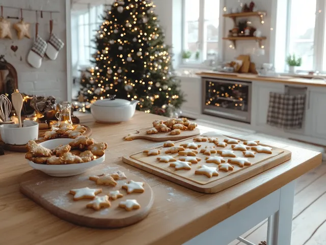 Scandinavian Christmas kitchen counter with trays of cookie dough cutouts and a lit tree in the background.