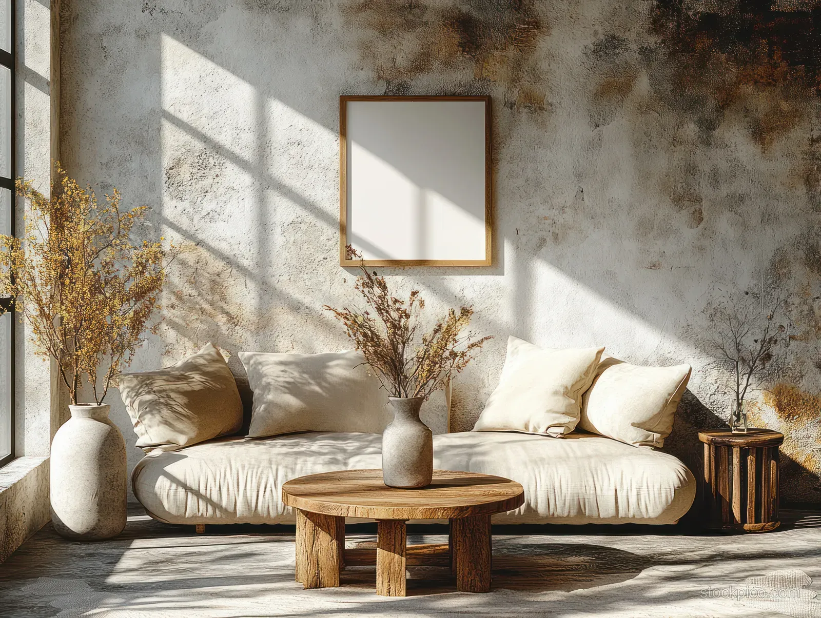 Beige sofa and wooden coffee table in a sunlit Scandinavian living room with dried plants and a blank picture frame.