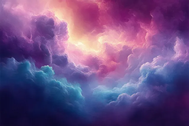 Glowing sunrise clouds with purple and pink light beams in a serene sky