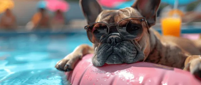 A French bulldog in sunglasses lounges on a pink inflatable ring in a swimming pool holding a glass of orange juice.