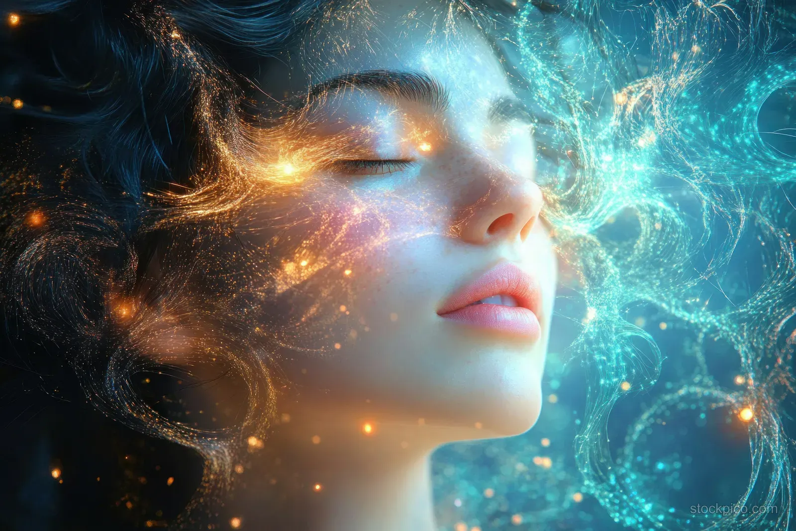 Serene woman with closed eyes surrounded by glowing swirling particles and blue and orange energy waves.