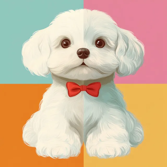 White fluffy puppy with big brown eyes sits facing camera wearing a red bow tie against a colorful four-panel background.