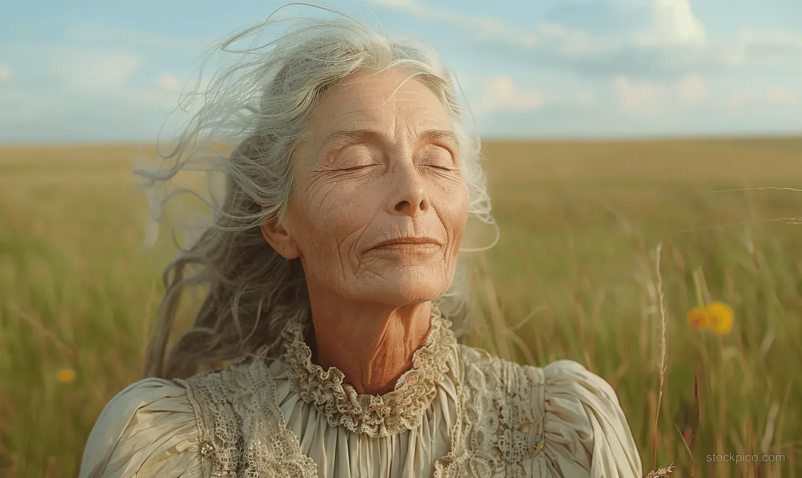 An elderly woman with gray hair in a lace dress stands in tall grass with her eyes closed as wind blows.